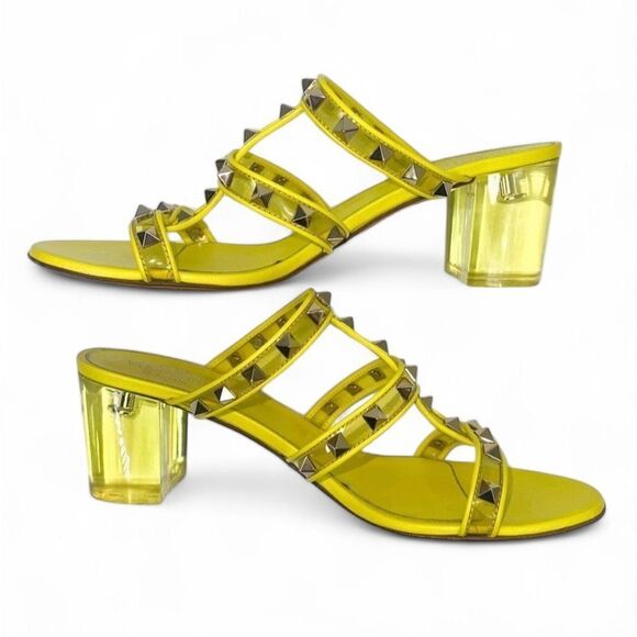 VALENTINO Garavani Yellow Platinum Rockstud Open Toe Plexi Heel Sandals … - Picture 9 of 11